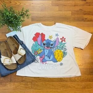 Disney Stitch Large Printed White Tropical Trendy Casual Short Sleeve T-Shirt